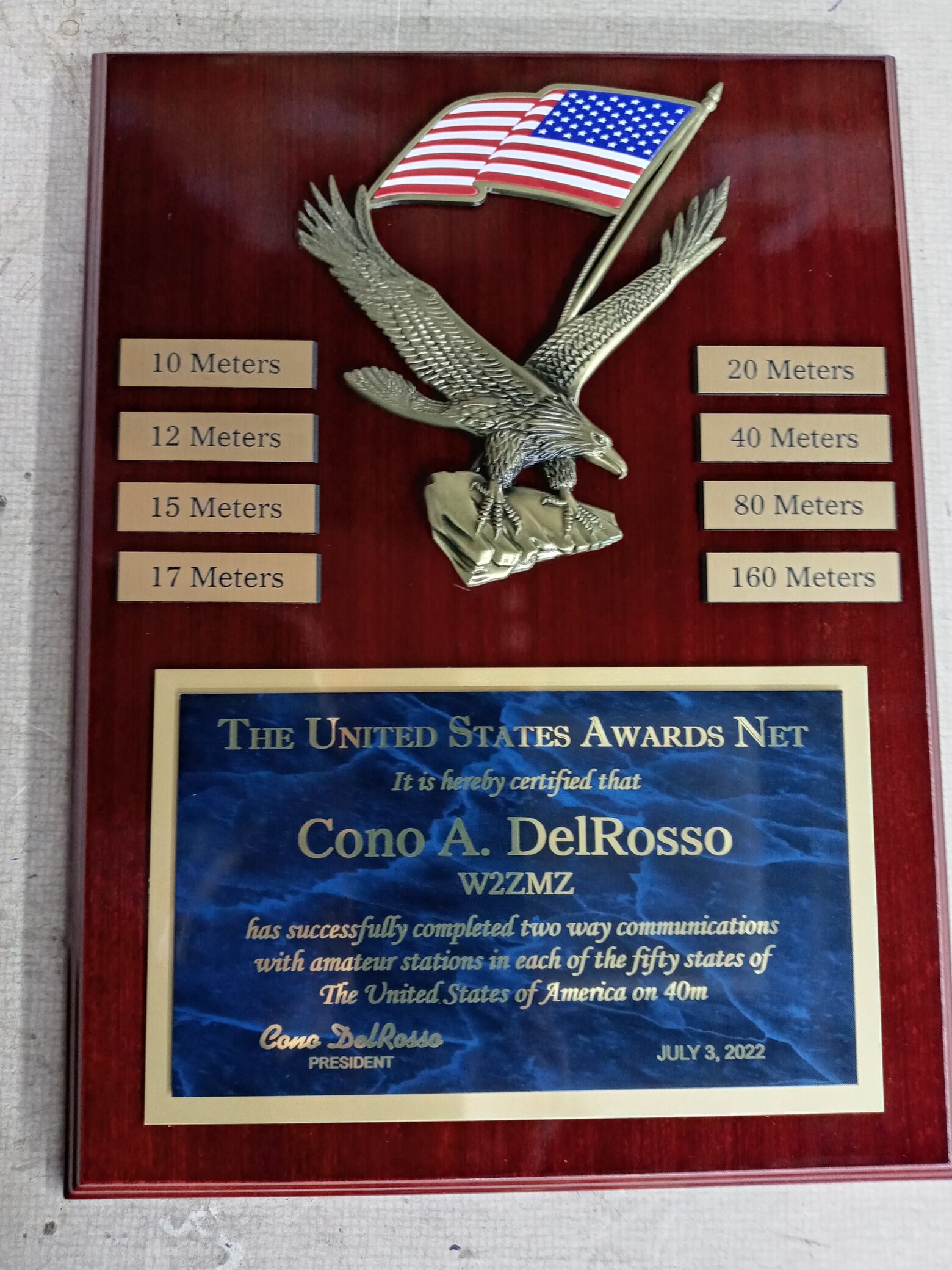 SAMPLE WAS 50 STATE AWARD PLAQUE WITH ENDORSEMENTS